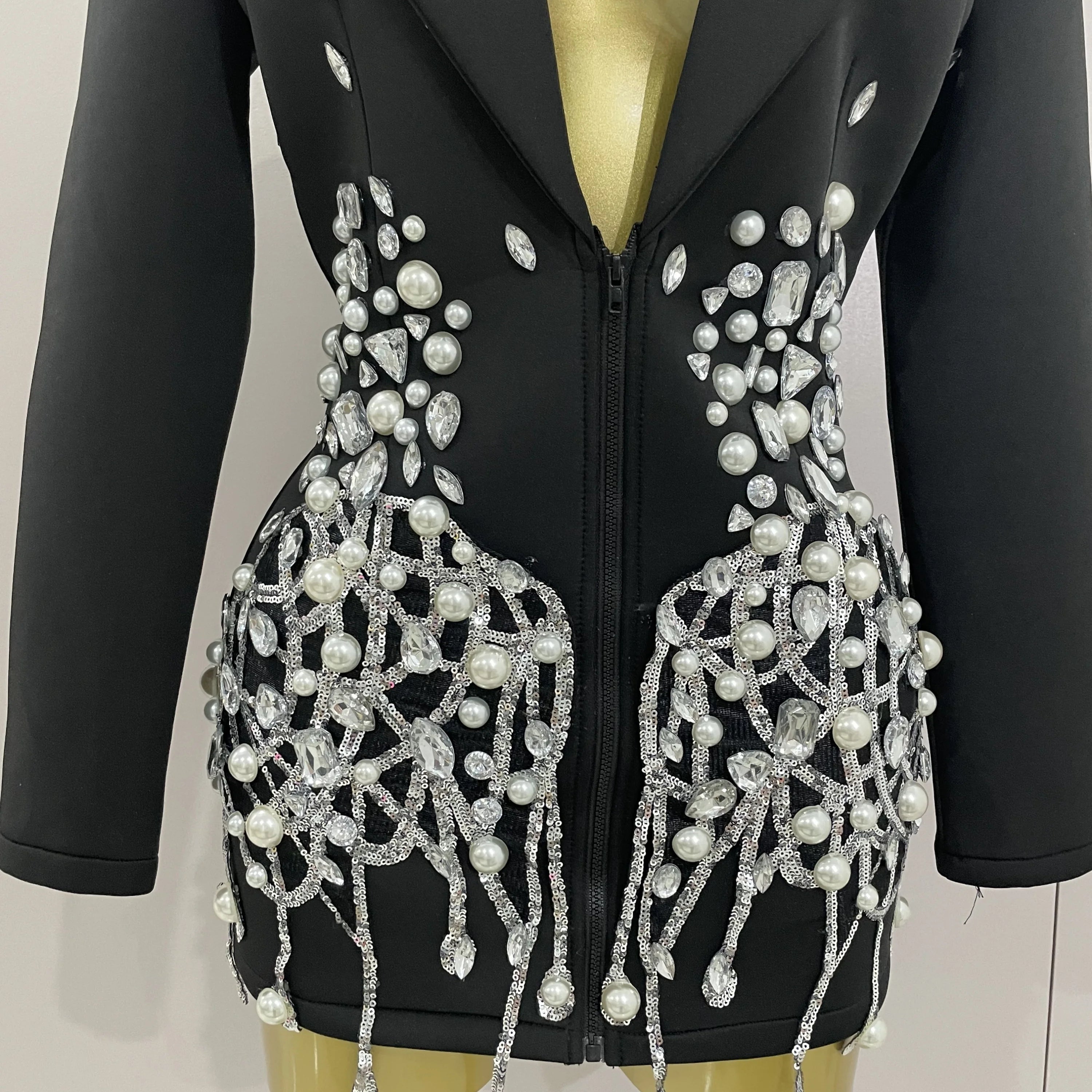 2025 Sparkly Crystal Chains Pearls Long Sleeve Mini Dress Women Birthday Evening Party Nightclub Outfit Singer Wedding Costume