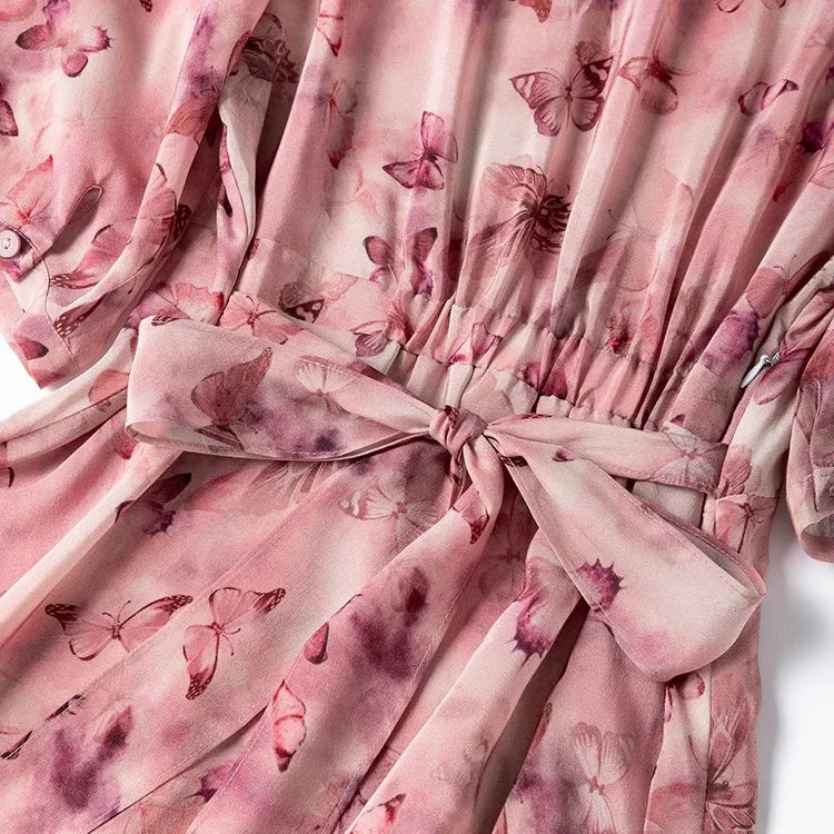 French Artistic Pink Purple Butterfly Printing 1.2-meter Extended Large Skirt Hem 100% Natural Mulberry Silk Women's Dress