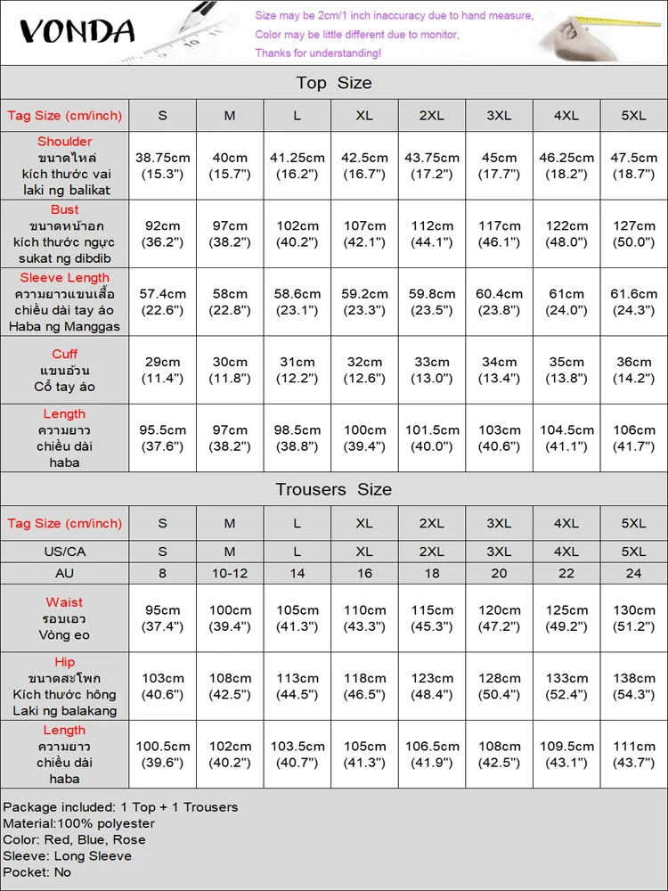 Plus Size VONDA Bohemian Printing Elegant Outfits Women Long Sleeve Two Piece Sets 2024 Holiday Fashion Casual Simple 2pc Suits