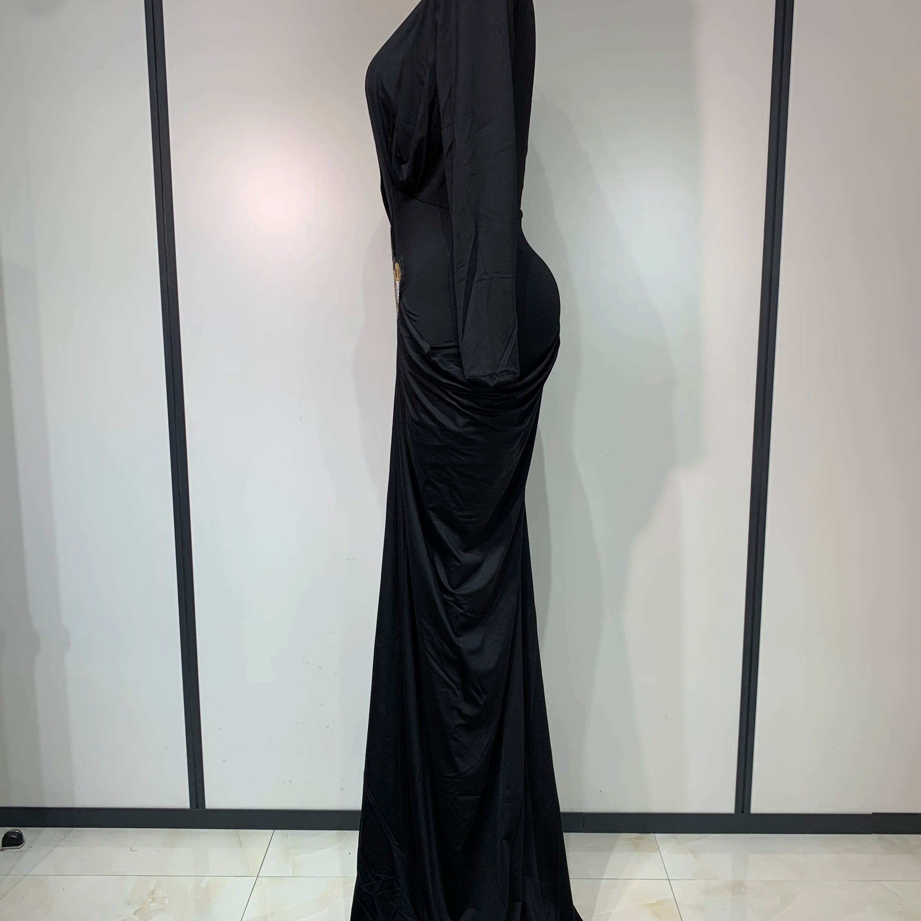 Women Sexy Deep V-Neck Bead Long Sleeved Bodycon Prom Gowns Elegant Celebrity Evening Maxi Dress Luxury Birthday Dress Wedding