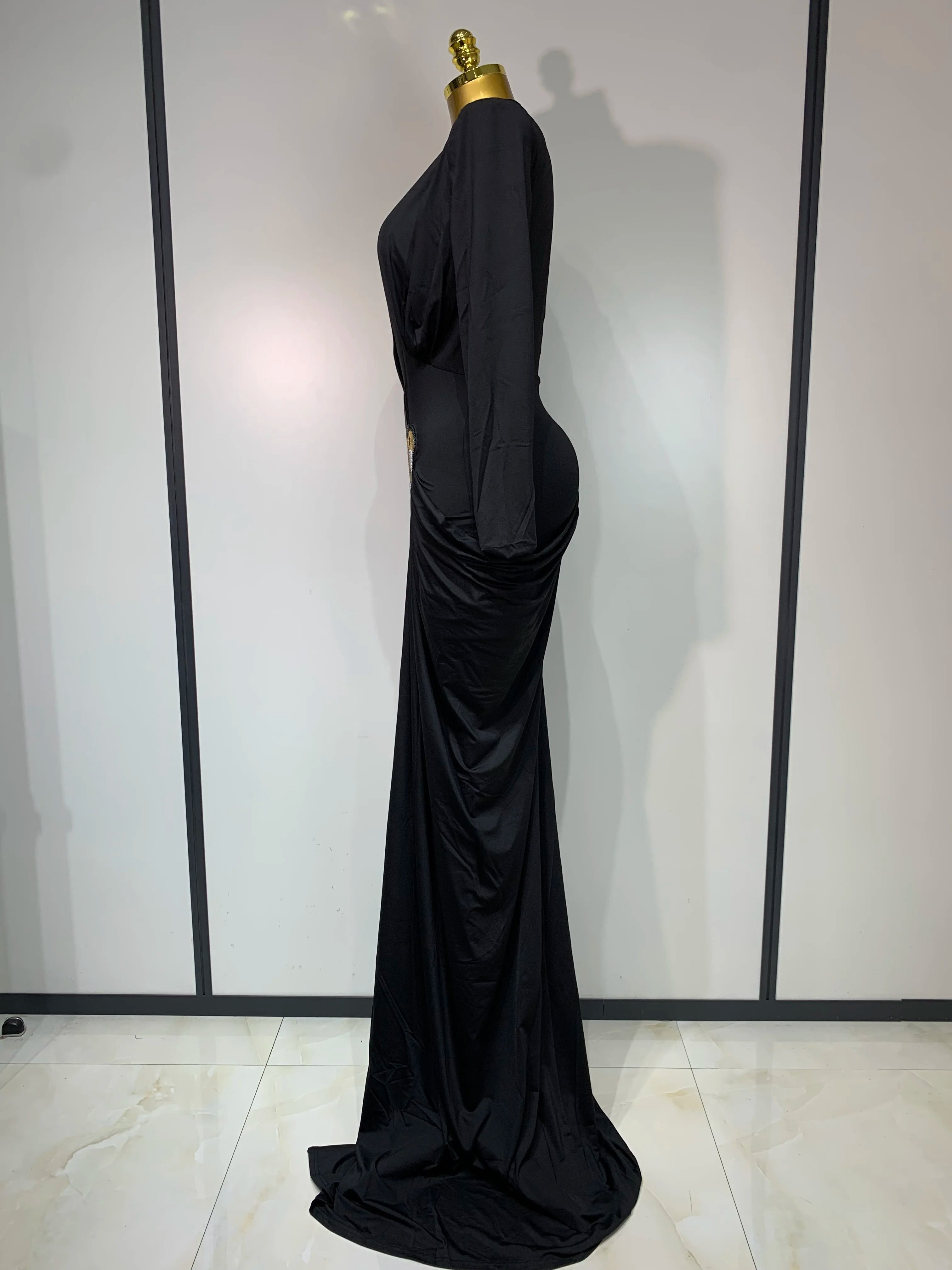 Women Sexy Deep V-Neck Bead Long Sleeved Bodycon Prom Gowns Elegant Celebrity Evening Maxi Dress Luxury Birthday Dress Wedding