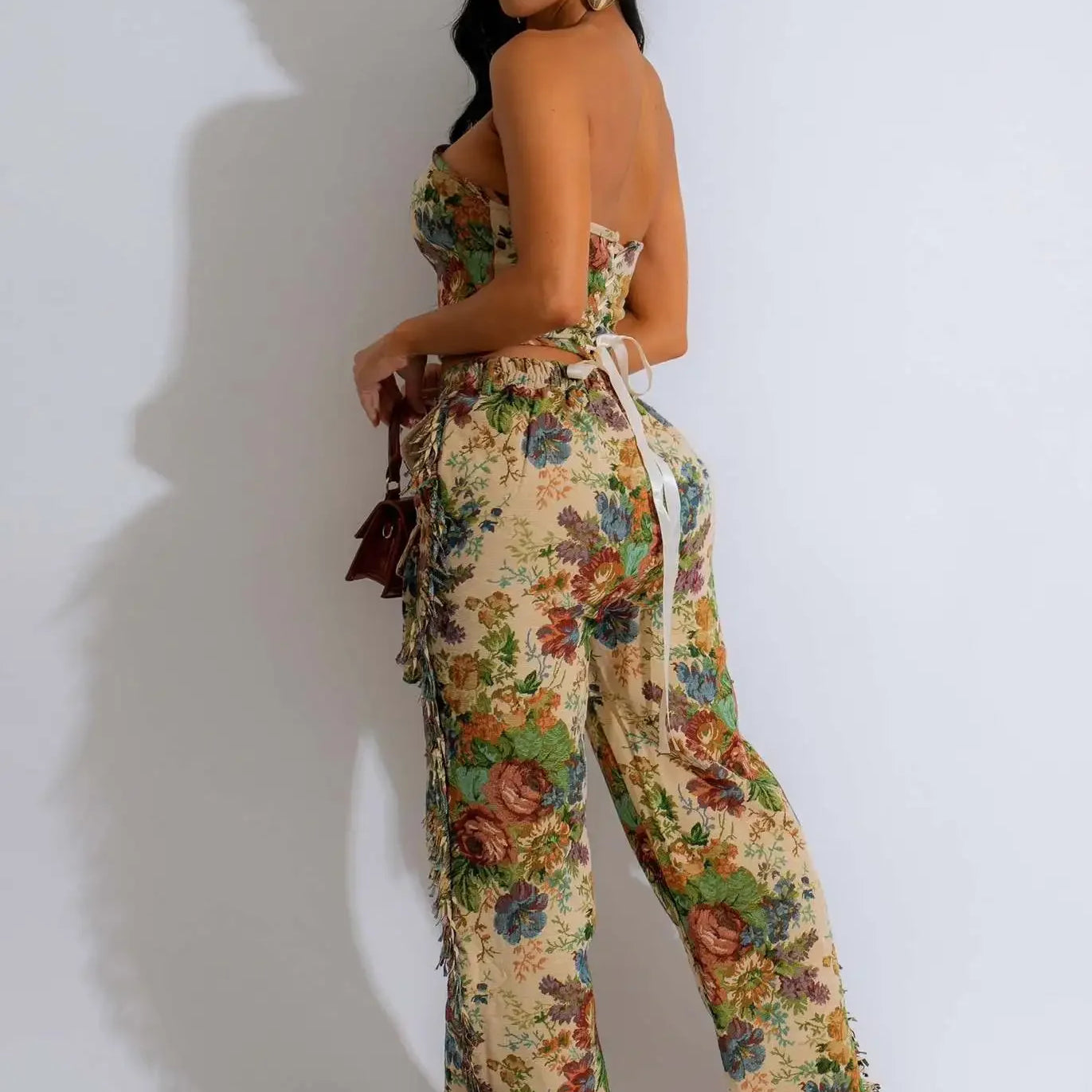 Fashion Print Women's Set Strapless Top and Wide Leg tassel Pants Summer Cargo Street Two 2 Piece Set Outfit Tracksuit
