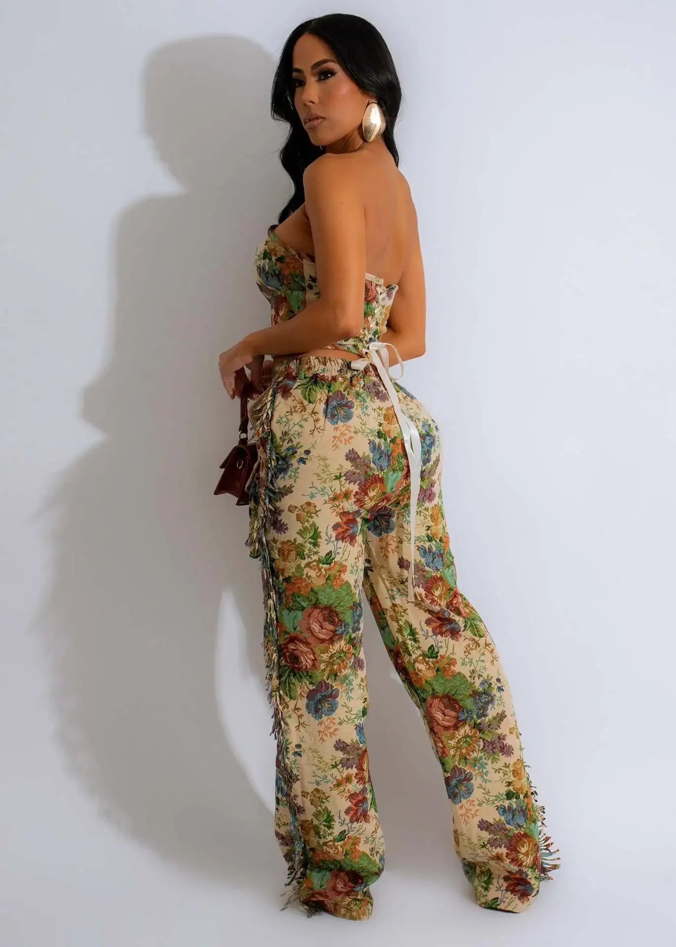 Fashion Print Women's Set Strapless Top and Wide Leg tassel Pants Summer Cargo Street Two 2 Piece Set Outfit Tracksuit