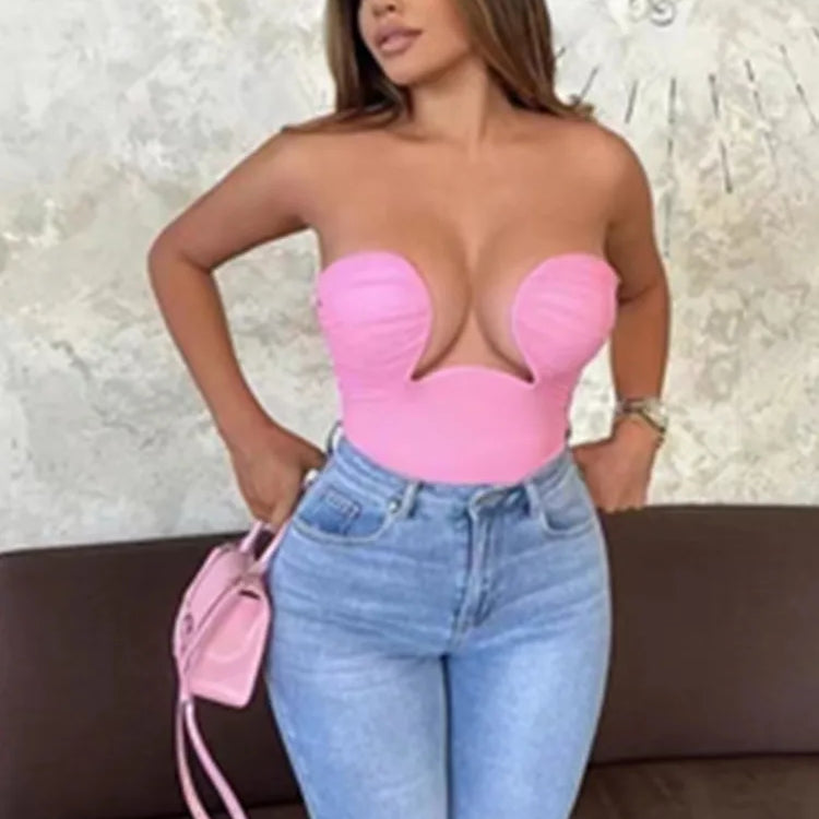 Hot Sale 10 Colors Women Sexy Strapless Bodycon Mini Tops Rayon Bandage Casual Fashion Nightclub Party Wear High Quality Pink