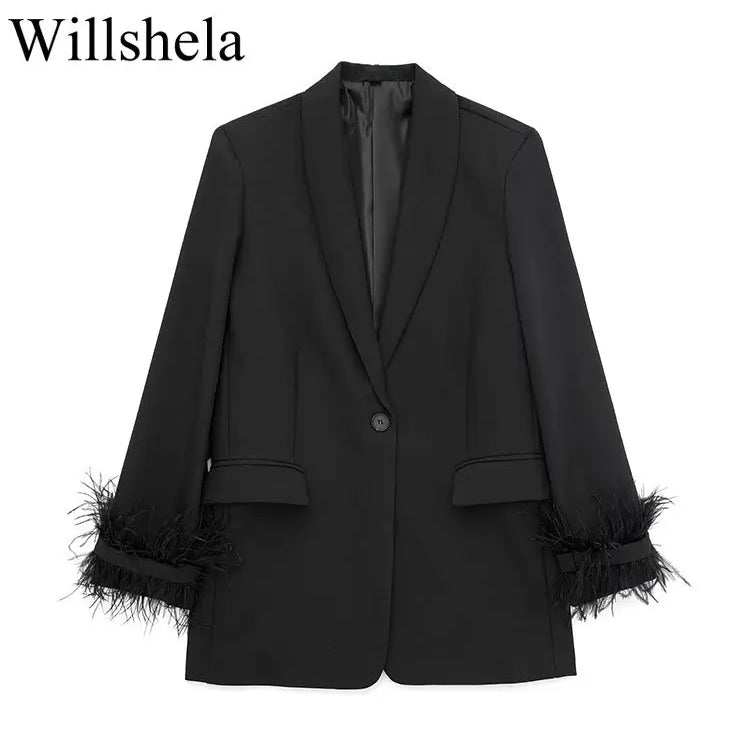 Willshela Women Fashion Satin Black With Feather Blazer Jacket Vintage Notched Neck Single Button Long Sleeves Female Outfits Black