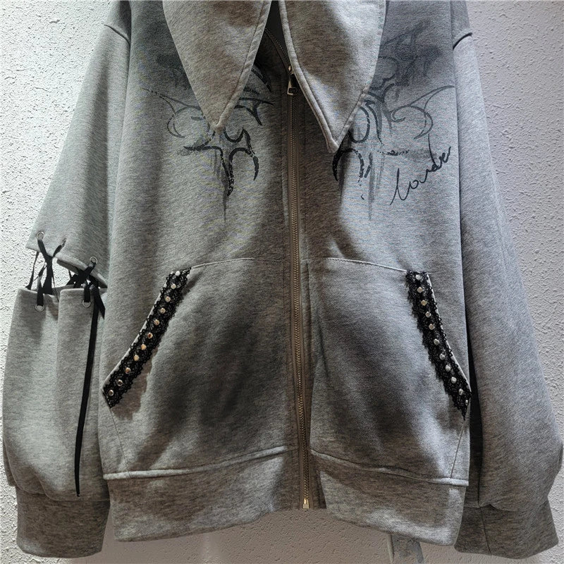 Autumn Winter New Fashion High Street Pin Graffiti Hooded Sweatshirt For Women Y2K Sweet Cool Cardigan Female 11A07705