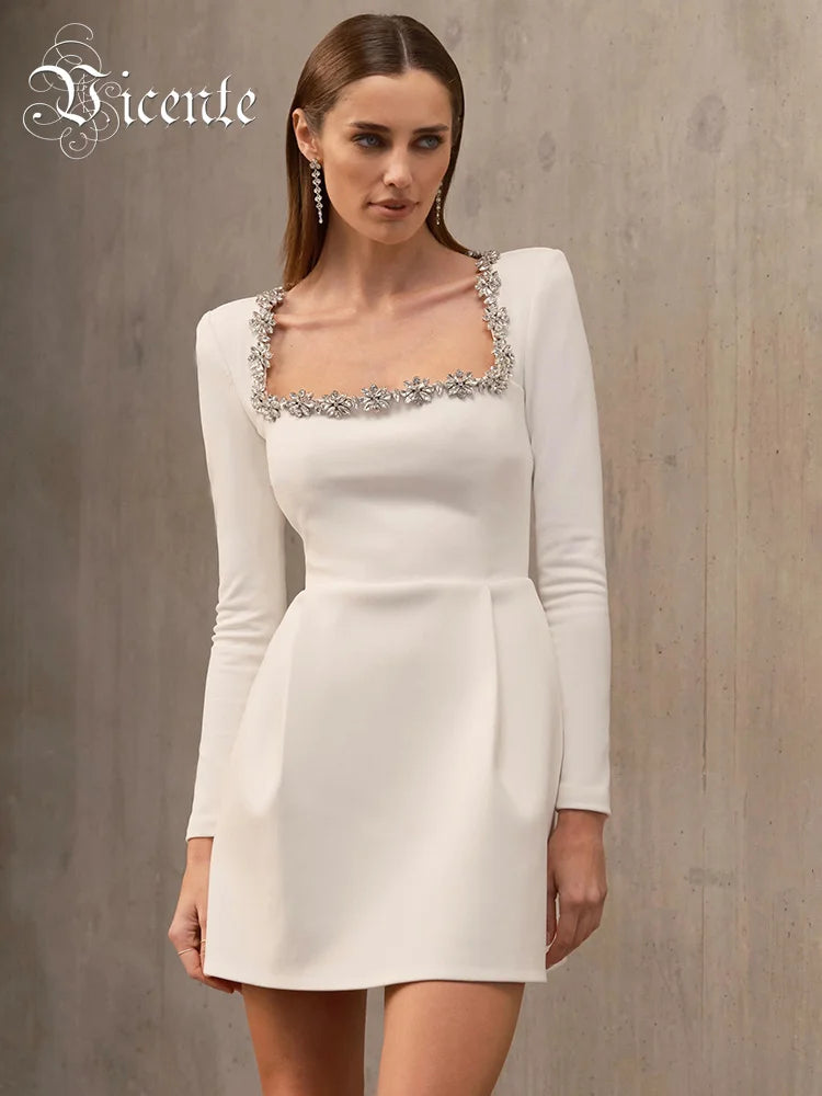 Elegant Dresses For Women Square Collar Long Sleeves Short A-Line Slim White Wedding Party Gown Fashion 2024