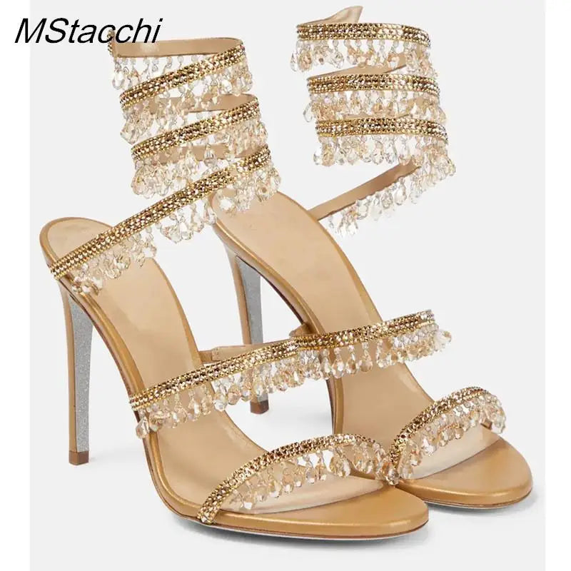 Crystal Wrap Sandals Women Summer 2024 Wedding Shoes High Heel Party Shoes Ankle Strappy Sandals Designer Stiletto Heel Shoes gold