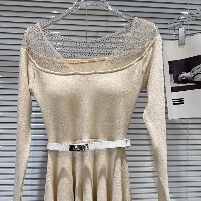 Winter New Elegant Fashion Rhinestone Mesh Collar With Belt Chest Pad Knitted Dress For Women Slim Dresses 11A07734