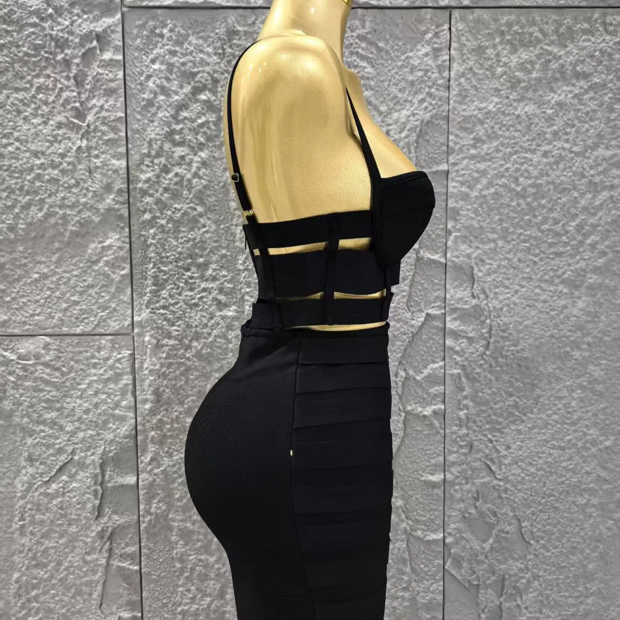 Black Color Women Sleeveless Sexy Strap 2 Pieces Bodycon Mini Bandage Dress Nightclub Party Birthday Fashion Outfit Vestido