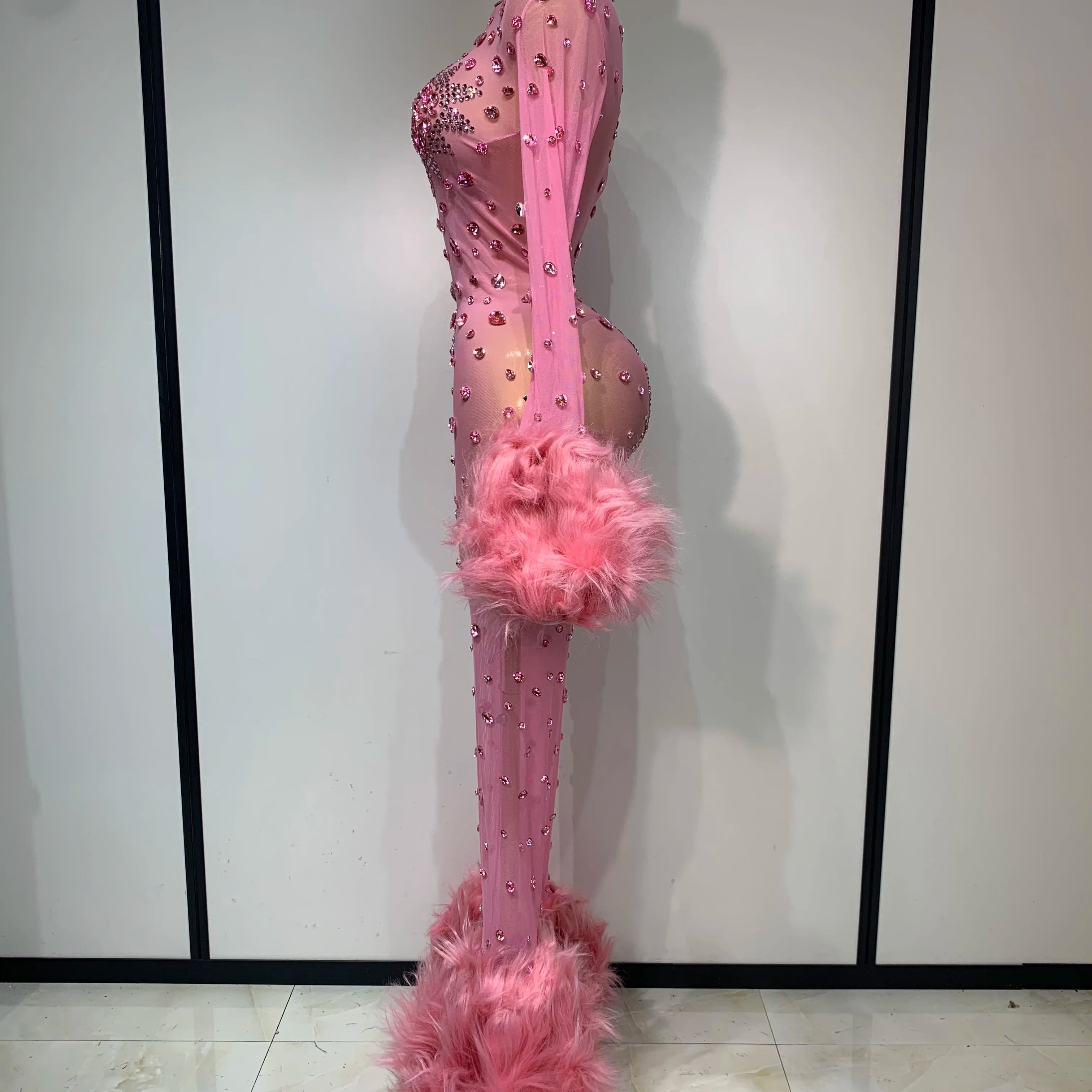 Shiny Diamond Mesh See Through Bodycon Jumpsuit Women Sexy Long Sleeve Performance Singer Costume Nightclub Stage Outfit