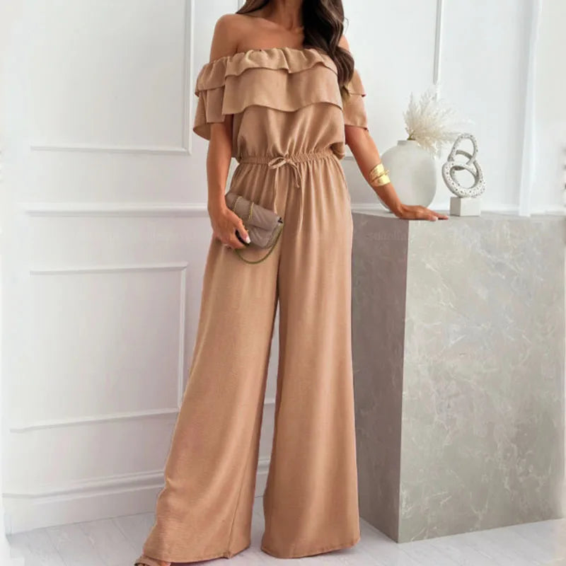 Summer Solid Color Long Slim Jumpsuit Fashion Temperament Commute Ruffles Romper Women Off Shoulder High Waist Lace-up Jumpsuits 04 Khaki