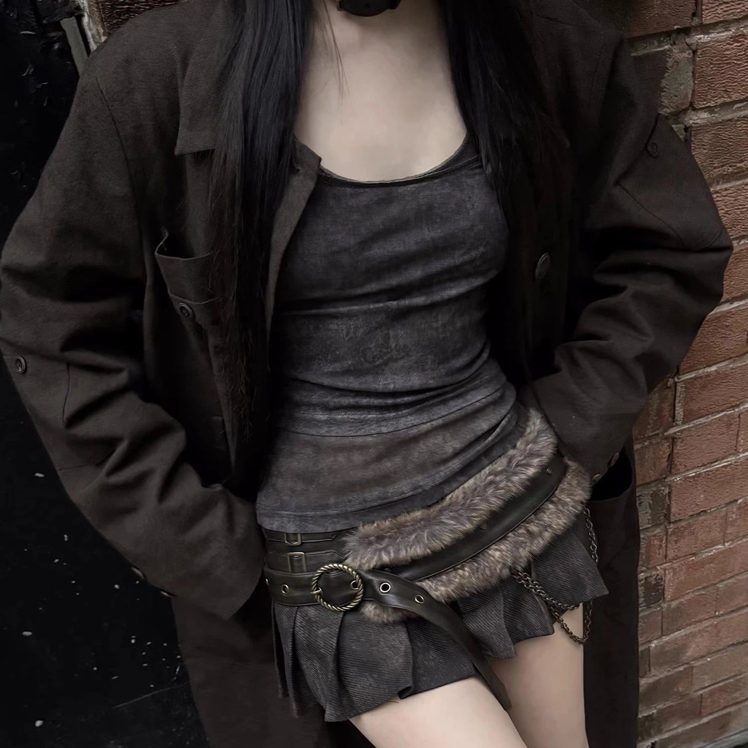 Lautaro Spring Summer Cool Washed Distressed Soft Pu Leather Mini Pleated Skirt Women High Waist Belt Luxury Designer Clothes Brown