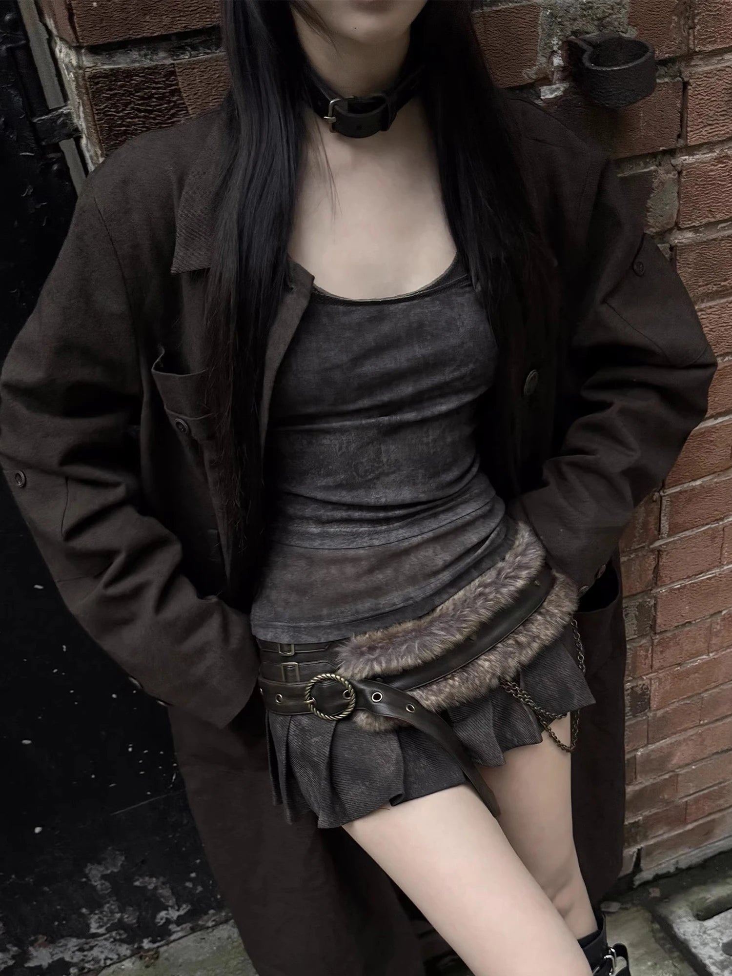 Lautaro Spring Summer Cool Washed Distressed Soft Pu Leather Mini Pleated Skirt Women High Waist Belt Luxury Designer Clothes Brown