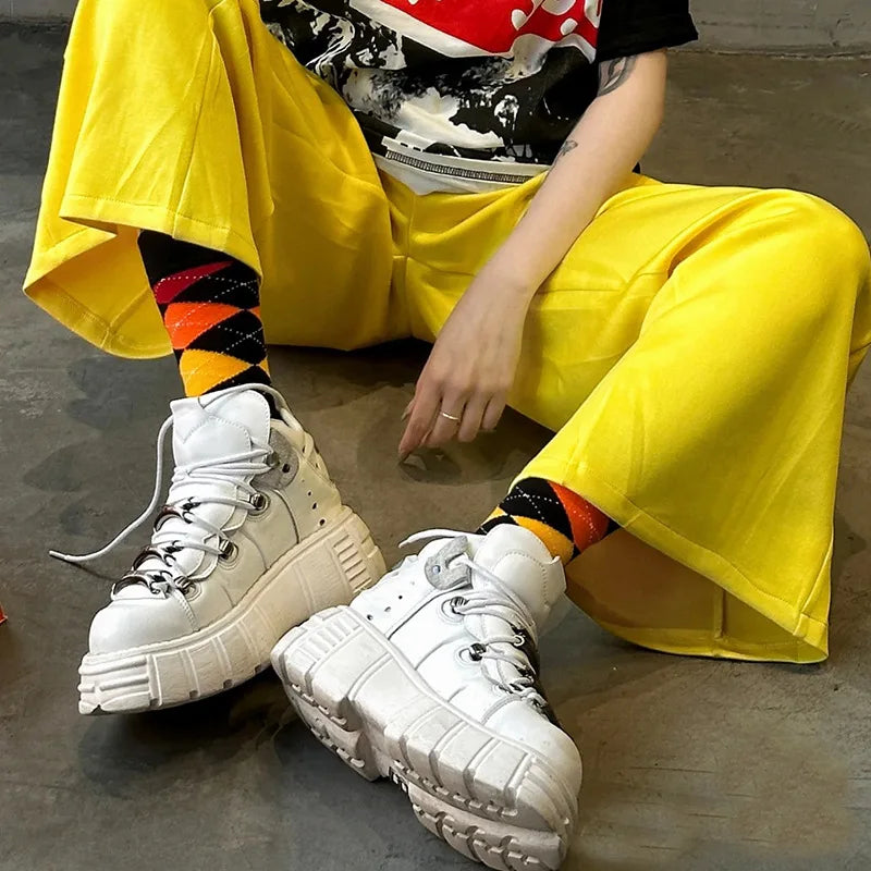 Punk Style Women Black Platform Shoes Metal Decor Lace-up Woman New Rock Boots Gothic Black Leather Women Sneakers Botas 2025