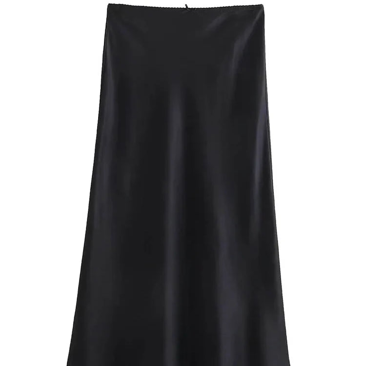 TRAFZA Satin Midi Skirt Woman High Waist Long Skirts For Women New Fashion 2023 Autumn Casual Elegant Party Women's Skirts