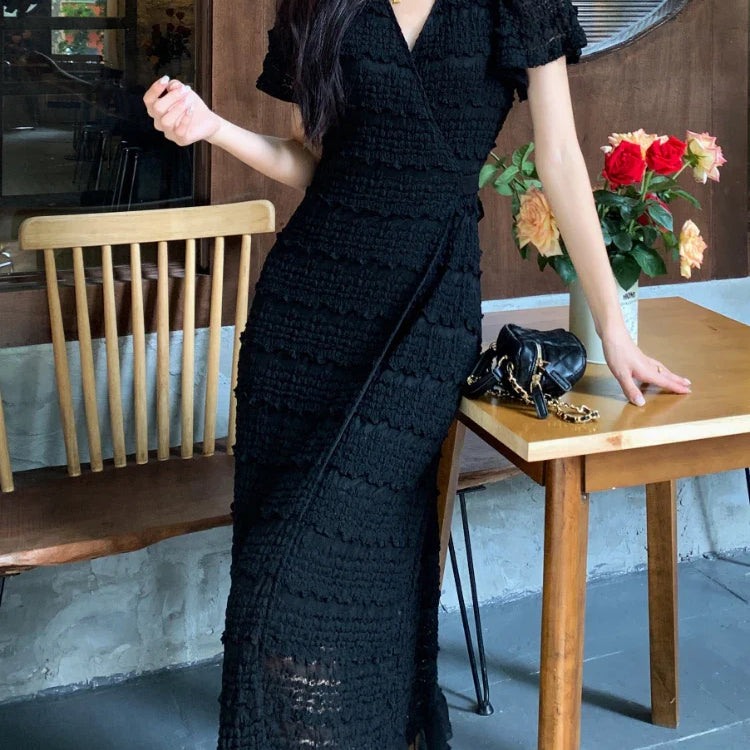 Women Elegant Bodycon Dress Summer Sexy V-neck Short Sleeve Korean Long Dresses Ladies Vintage Solid White Black Long Robe black