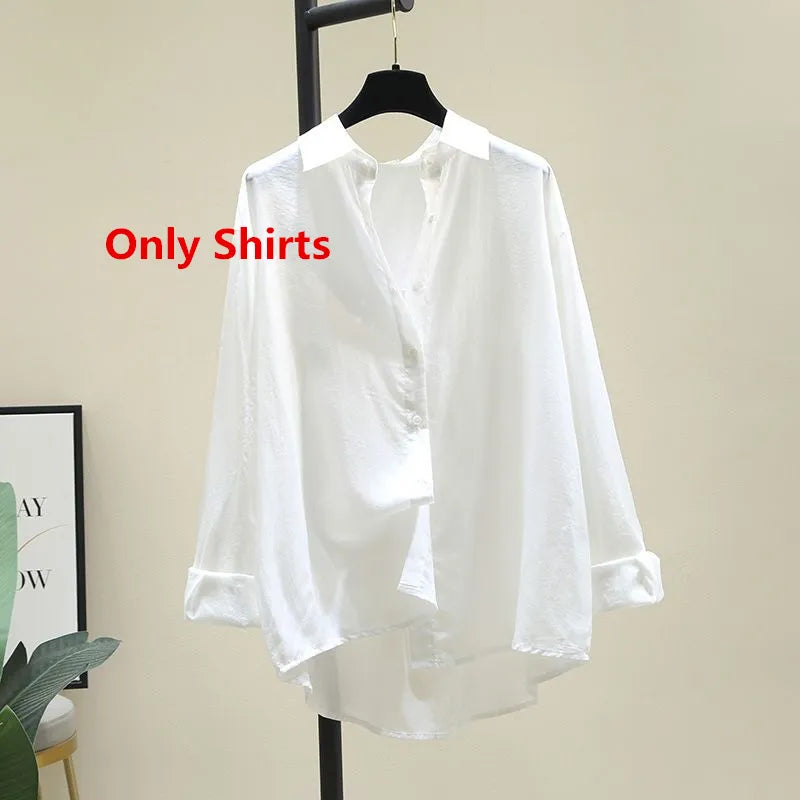 Women Wide Leg Denim Pants Spring Summer Casual White Thin Sun Shirt Sling Vest Jeans 3 Pieces Sets Lady Trousers Blouse Outfits Only White Shirts