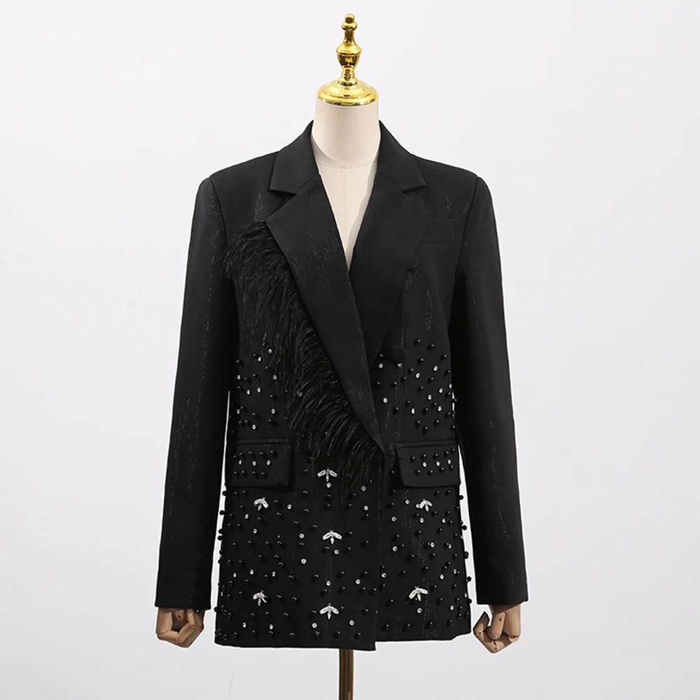 Solid Spliced Bead Luxurious Jackets for Women Lapel Long Sleeves Patchwork Single Breasted Jacket Female Clothing BLACK