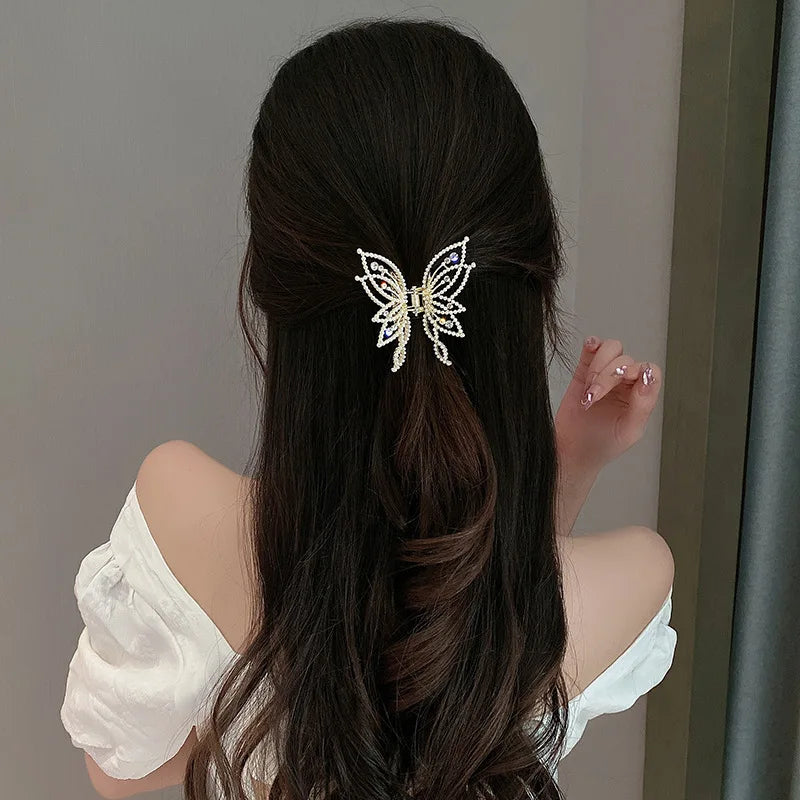 1Piece Butterfly Scrunchy Clip Hair Accessory Back Of The Head Plate Hair Clip Elegant Temperament Pearl Rhinestone Advanced Se