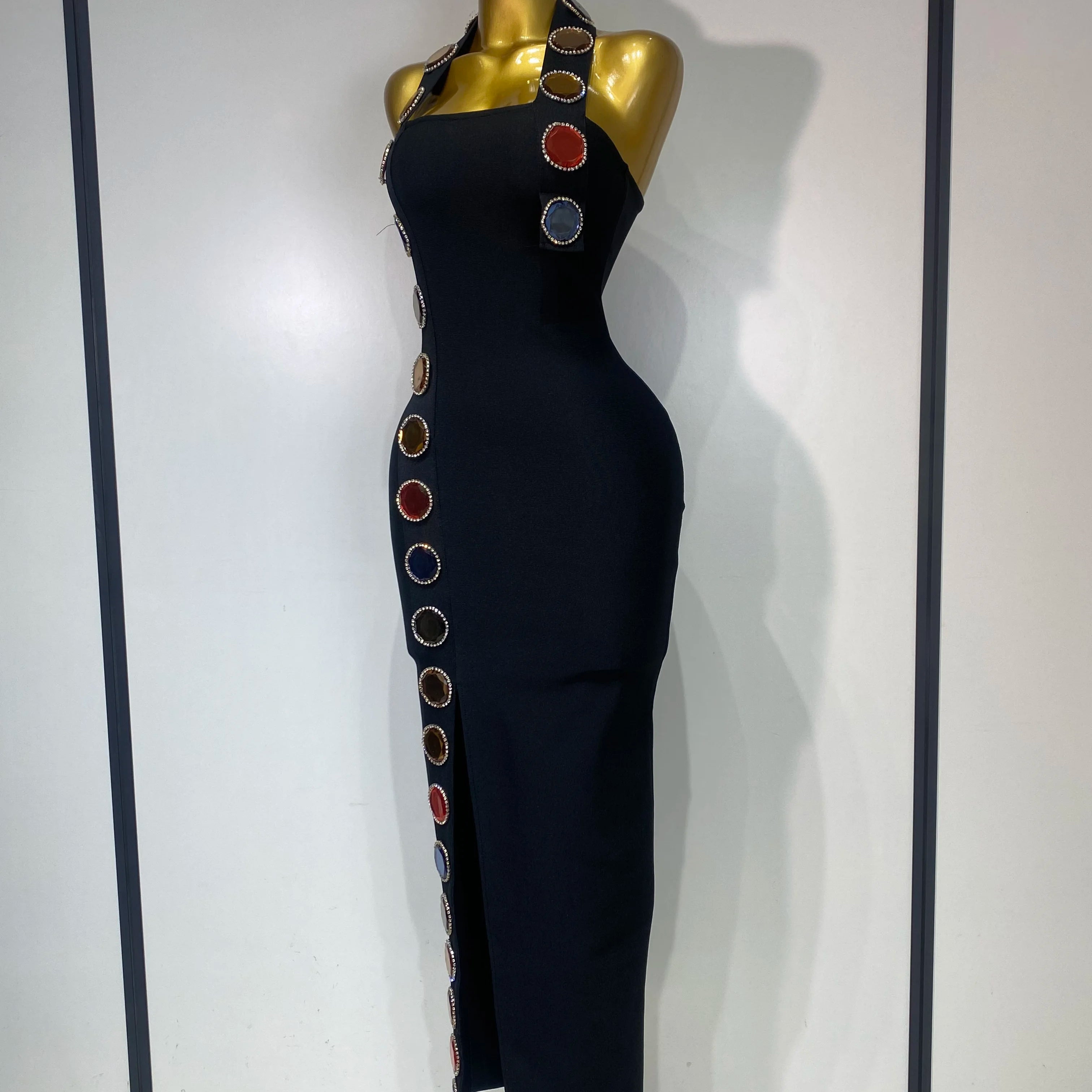 Women Elegant Bandage Bodycon Dress Halter Rhinestons Elastic Dress Luxury Birthday Celebrity Evening Club Party Wedding Dress