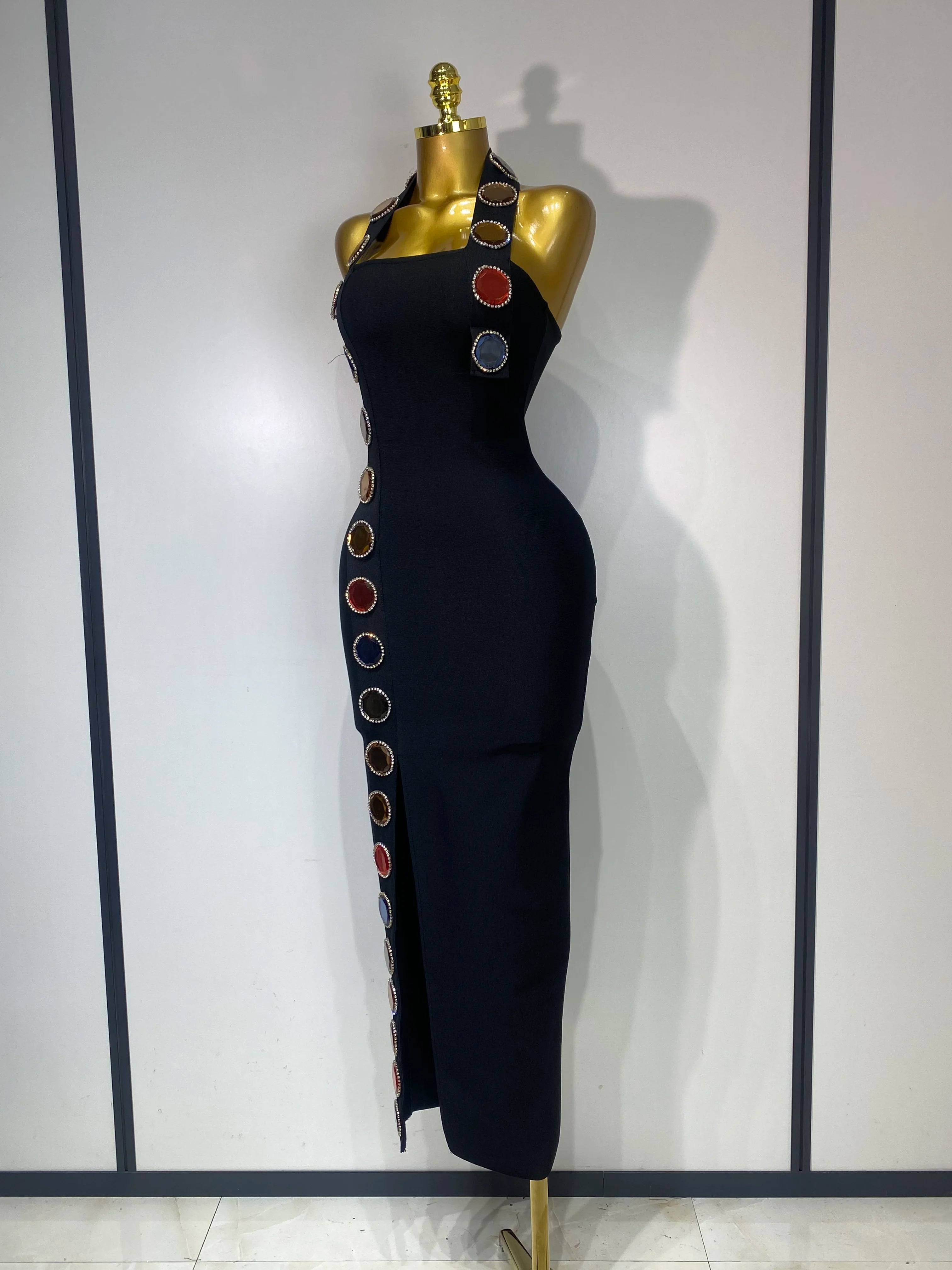 Women Elegant Bandage Bodycon Dress Halter Rhinestons Elastic Dress Luxury Birthday Celebrity Evening Club Party Wedding Dress