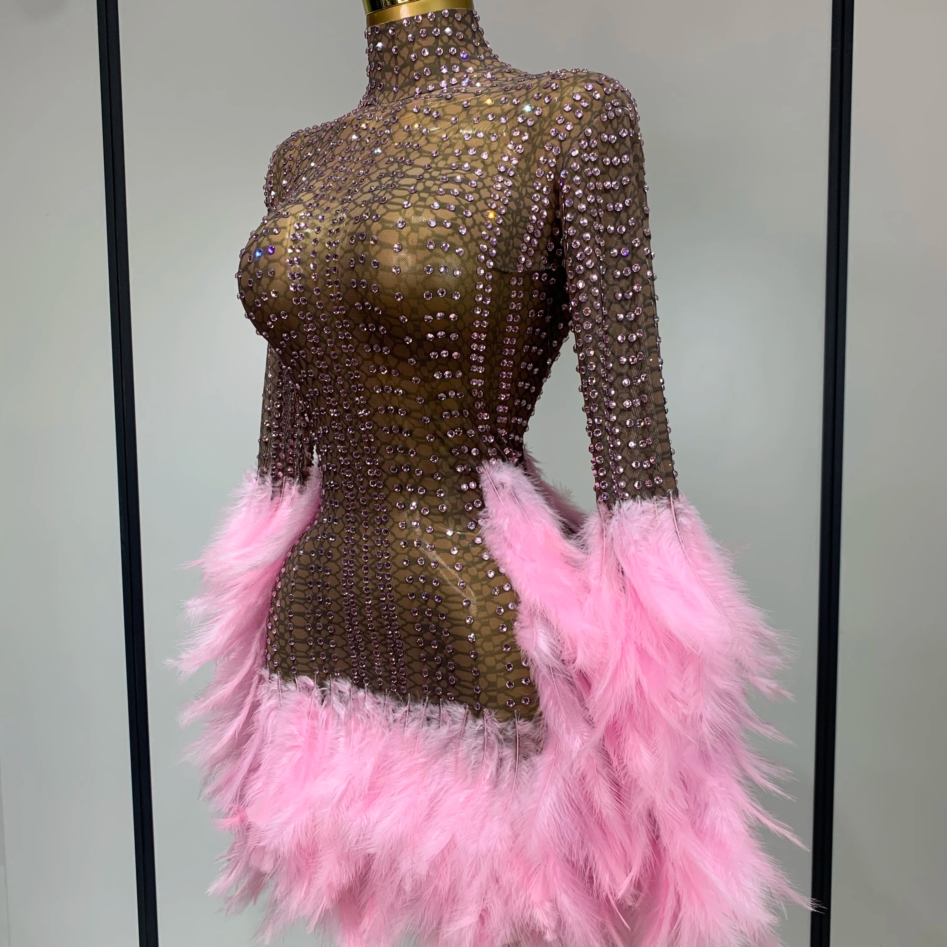 Women Luxury Birthday Dress Rhinestones Mesh Feathers Bodycon Mini Celebrity Evening Club Party Dress Nightclub Stage Outfit