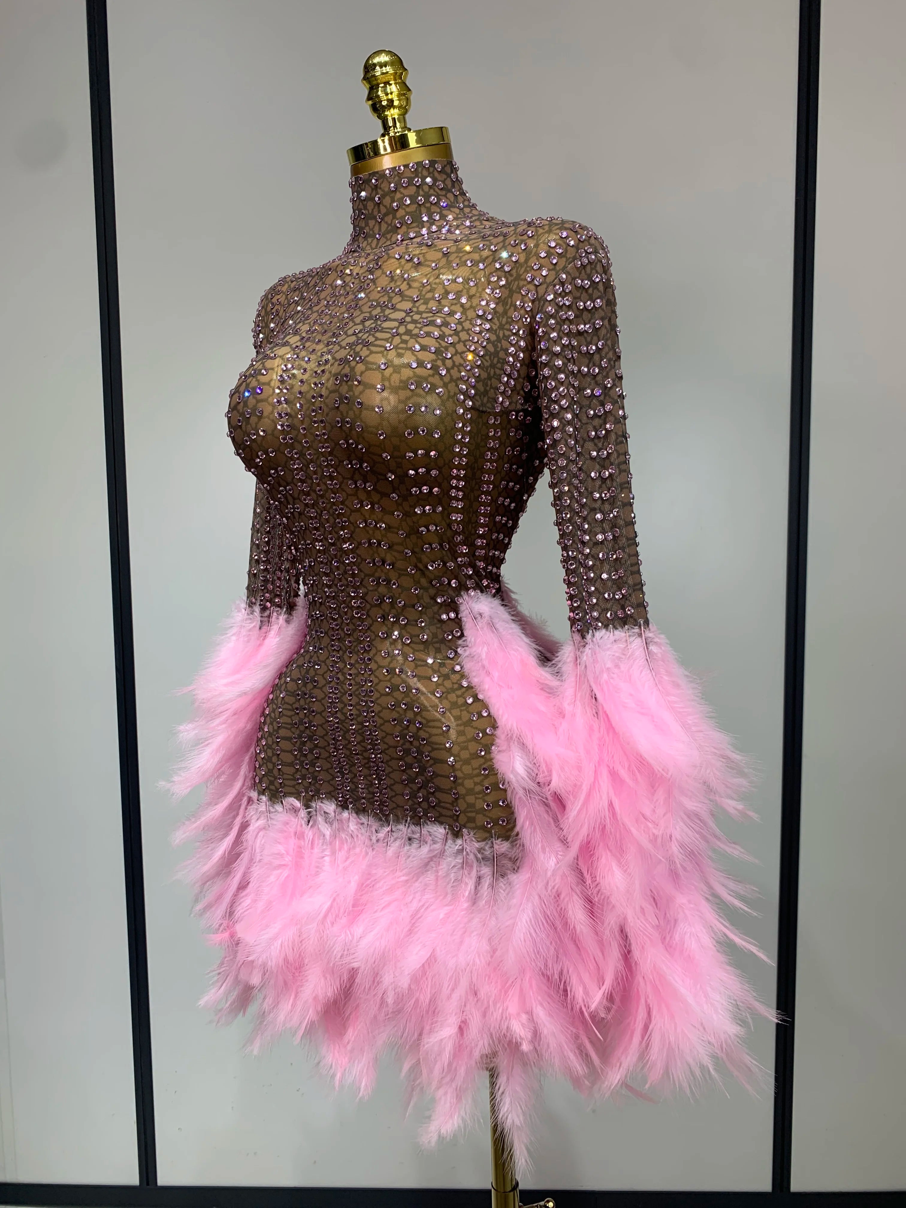Women Luxury Birthday Dress Rhinestones Mesh Feathers Bodycon Mini Celebrity Evening Club Party Dress Nightclub Stage Outfit