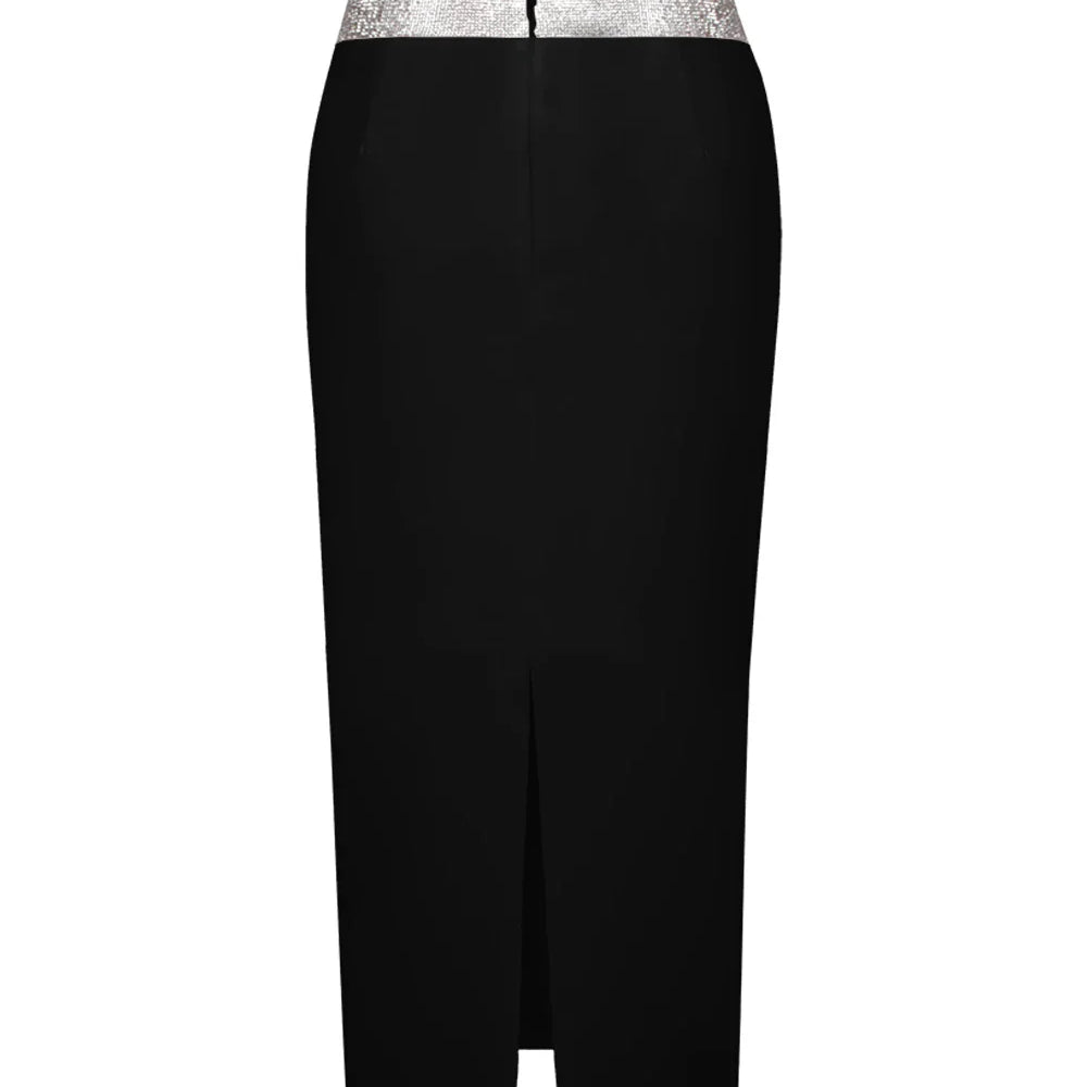 Women Crystal Diamonds White Black Bodycon Midi Bandage Skirt Designer High Waist Party Club Pencil Skirt 77cm