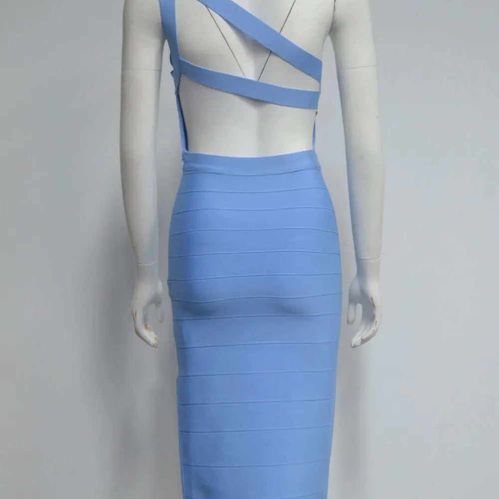2025 Elegant Women's Single Shoulder Sleeveless Bandage Dress with Diagonal Collar Bodycon Bareback Split and Knee Dress Vestido