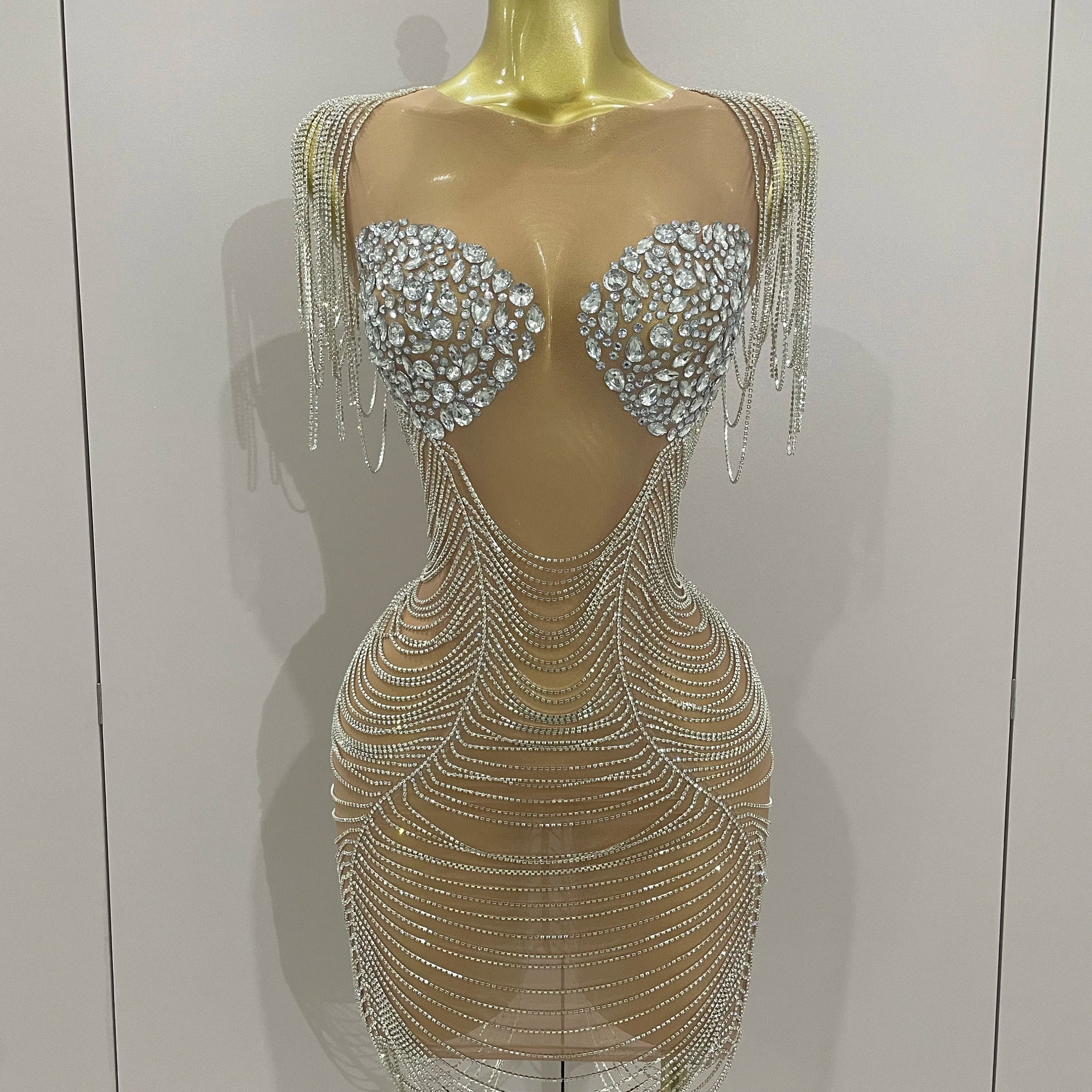 2025 New Sparkly Diamonds Crystal Sexy Mesh See Through Mini Dress Women Birthday Party Club Celebrate Stage Performance Costume Silver