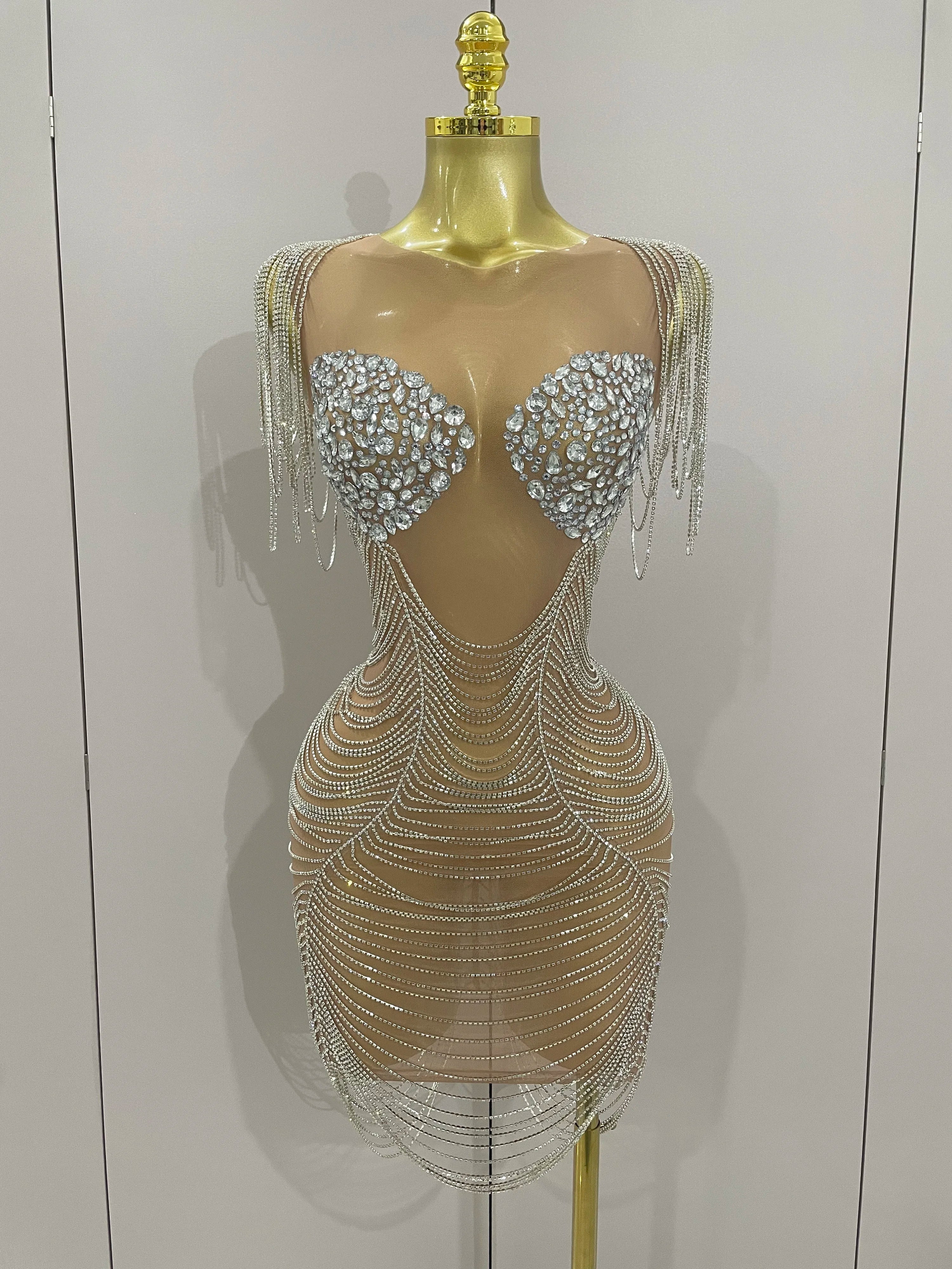 2025 New Sparkly Diamonds Crystal Sexy Mesh See Through Mini Dress Women Birthday Party Club Celebrate Stage Performance Costume Silver