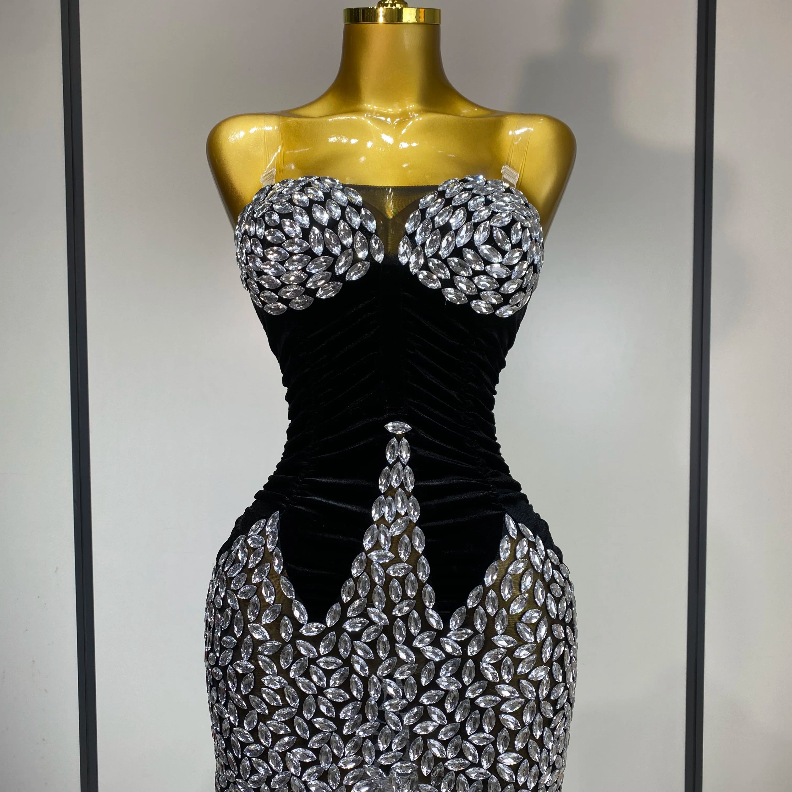 Women Sexy Bodycon Mini Dress Nightclub Elegant Evening Party Birthday Dress 2025 Celebrity Singer Shining Diamond Stage Costume black