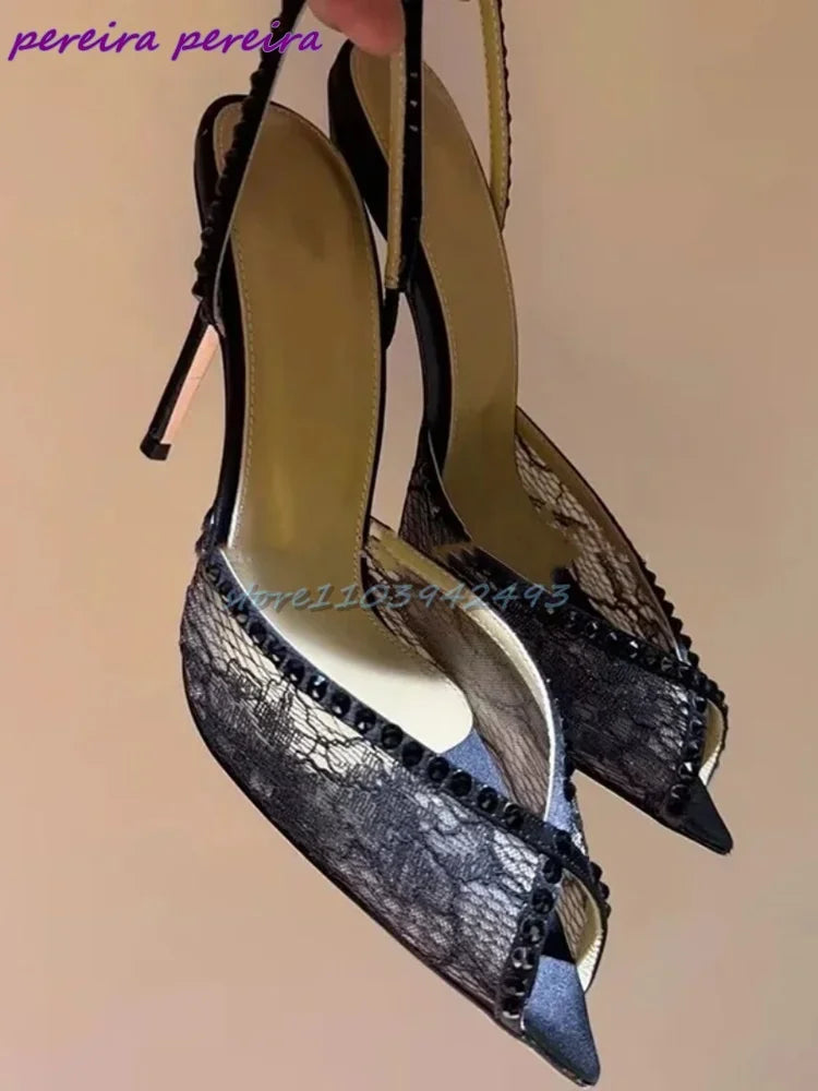 Blue Lace Rhinestone Women Sandals Pointed Toe Stiletto Embroidered High Heel Back Strap New Slip On Pull On Narrow Band Shoes