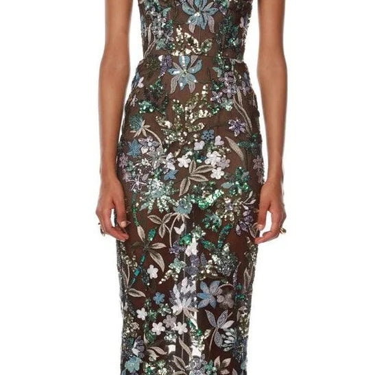 Sequin Flowers Embroidery Sexy Mesh See Through Strapless Ankle Length Dress Woman Party Evening Dress Celebrity Party Outfit green