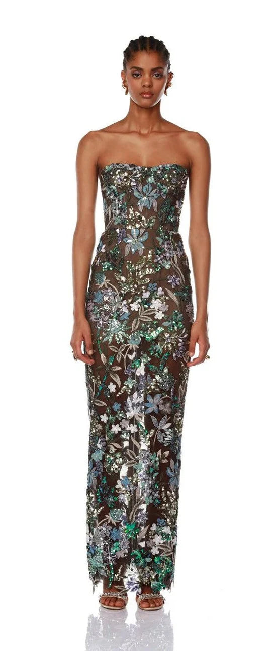 Sequin Flowers Embroidery Sexy Mesh See Through Strapless Ankle Length Dress Woman Party Evening Dress Celebrity Party Outfit green