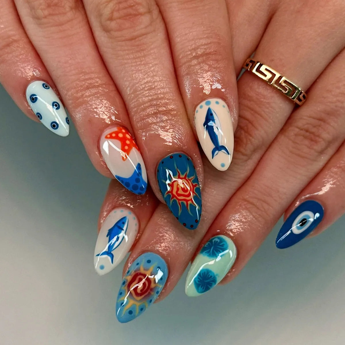 24pcs Summer Ocean False Nails Shark Starfish Pattern Fake Nails Tips Wearable Detachable Spice Girl Almond Press on Nails 1