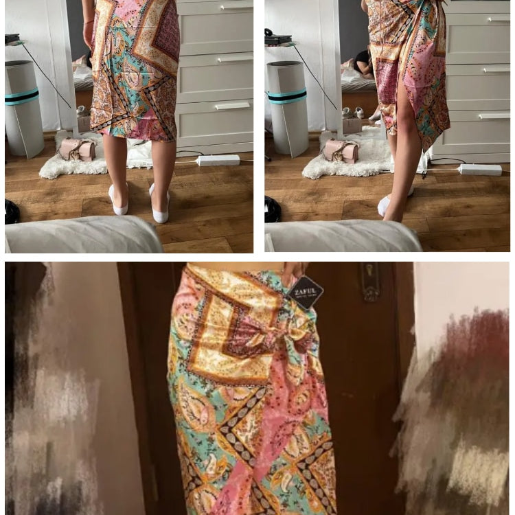 ZAFUL Bandana Paisley Print Tie Midi Sarong-style Skirt Zipper Fly for Women Daily Vacation ZF495489601