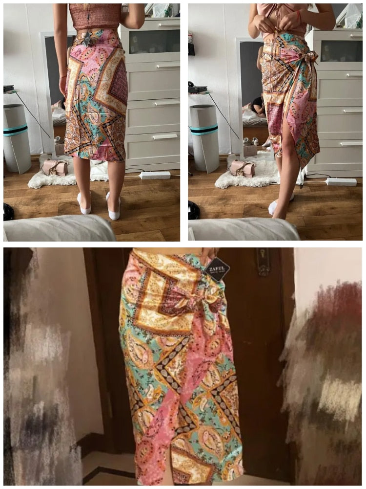 ZAFUL Bandana Paisley Print Tie Midi Sarong-style Skirt Zipper Fly for Women Daily Vacation ZF495489601