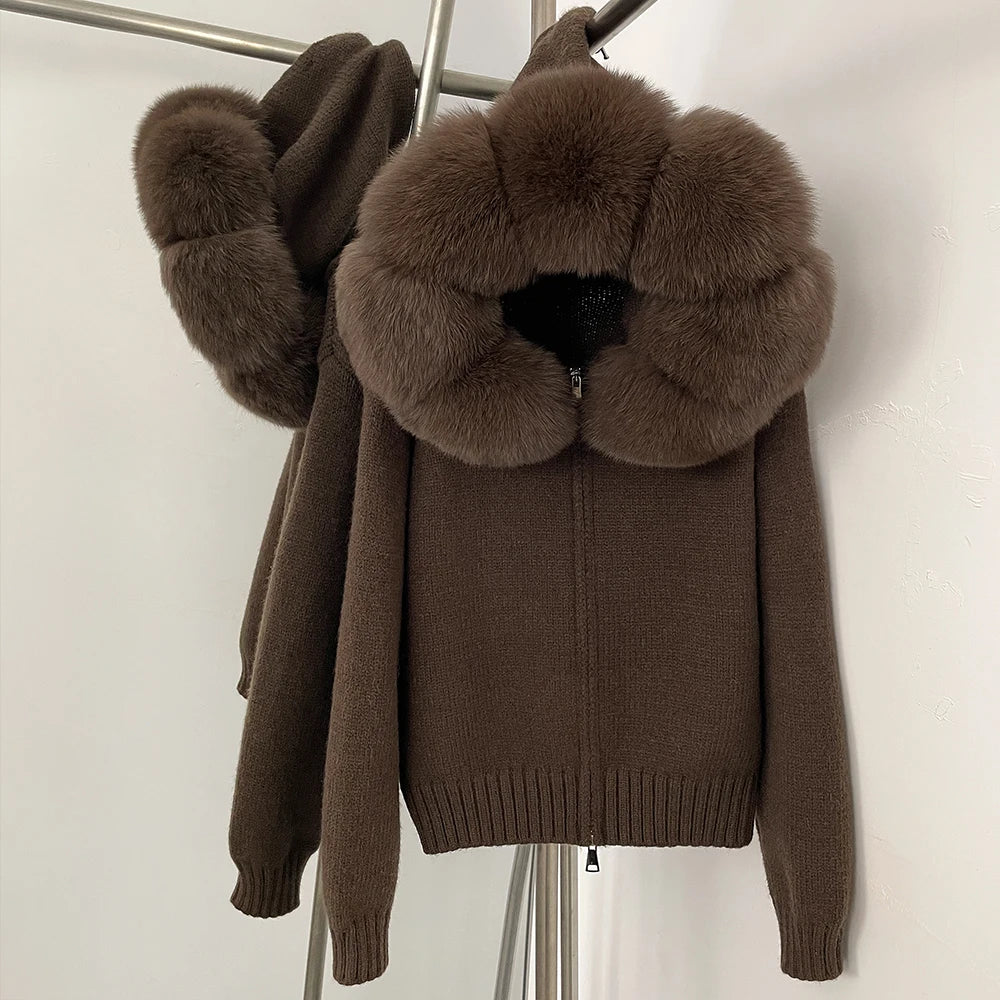 Coat Women Cardigan Natural Fox Fur Coat Women Real Mongolian Fur Knitwear Female Spring Autumn Hooded Knitted Fur Jacket Brown ge One Size