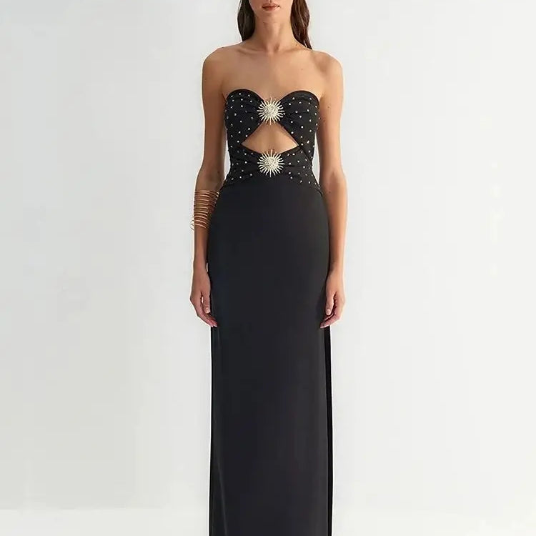 Ailigou New Summer Women's Sexy Strapless Hollow Diamond Tight Long High Split Bandage Dress Elegant Celebrity Party Dress