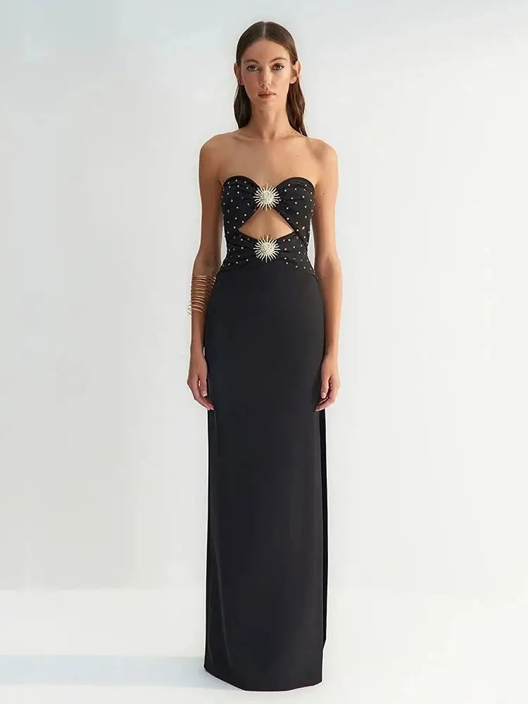 Ailigou New Summer Women's Sexy Strapless Hollow Diamond Tight Long High Split Bandage Dress Elegant Celebrity Party Dress