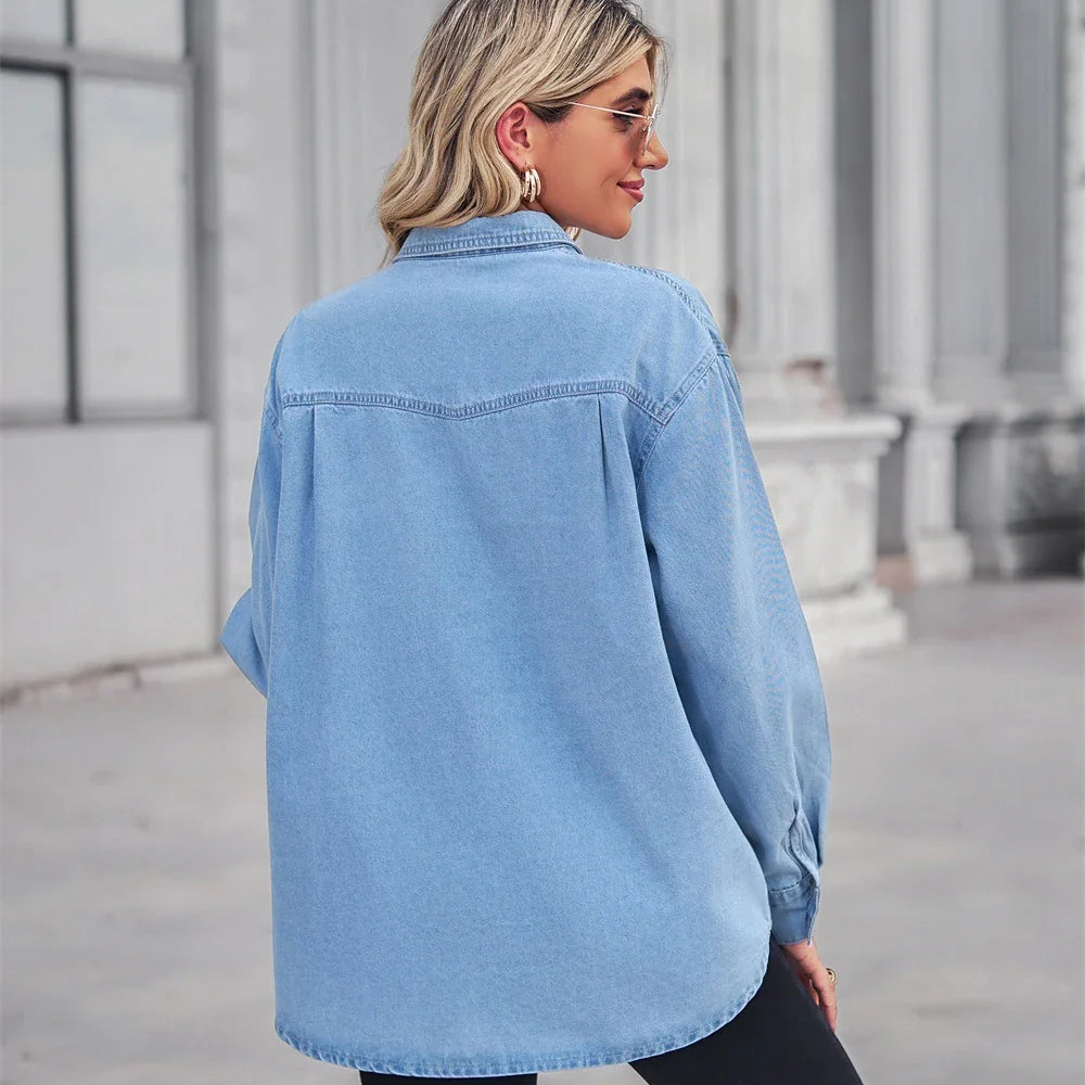 Women Button Down Denim Shirt Casual Long Sleeve V Neck Chambray Blouse Top Boyfriend Style Loose Fit Daily Wear Jean Shirts