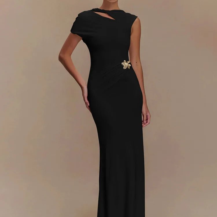 Hollow Out Backless Sexy Maxi Dress For Women Fashion Metal Buckle Solid Short Sleeve High Waist Slim Fit Long Dress black