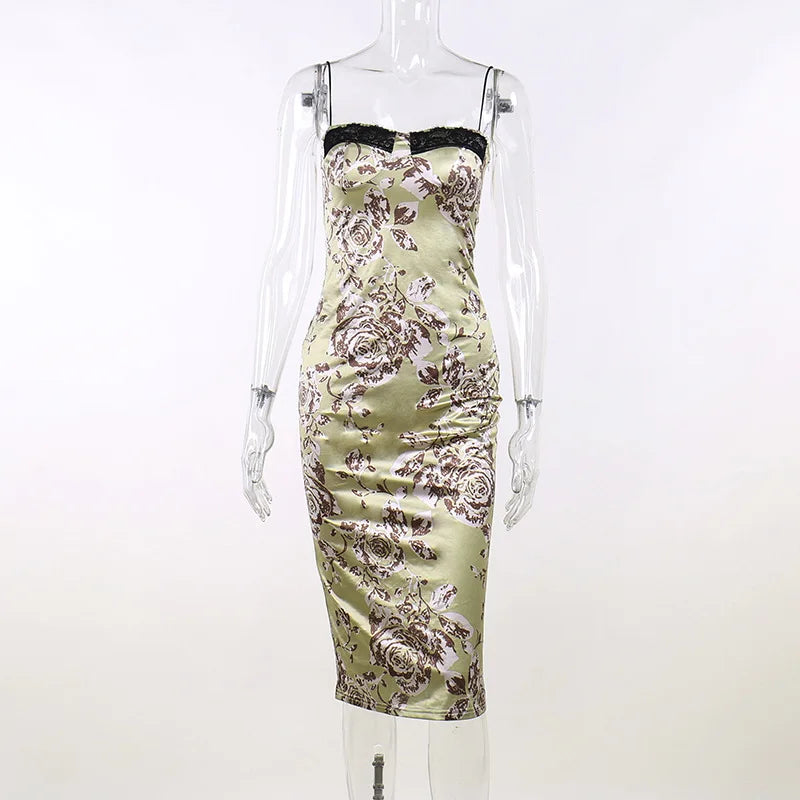 Print Floral Bodycon Slip Midi Dresses Women Vintage Sexy Lace Sleeveless Backless Dresses Elegant Birthday Party Club Vestidos