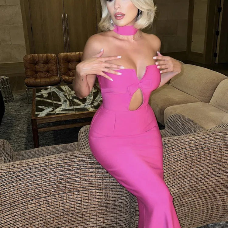Summer Sexy Strapless Backless Bow Tie Hot Pink Black Ankle Women Bodycon Bandage Dress Elegant Evening Club Party Dress