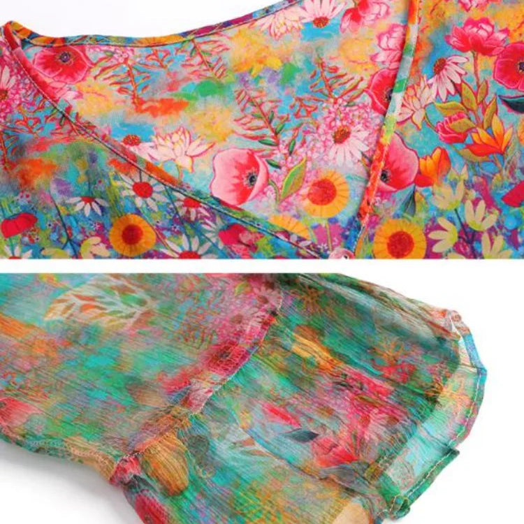 Summer 2023 Beach Boho Vintage Print Chiffon V Neck Dress Elegant Party Robe Designer Vestidos Loose Midi Dresses