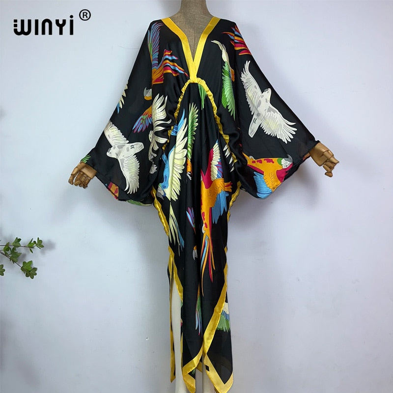Sexy bech high-quality hand-rolled feel silk rayon fashion print 2024 WINYI Maxi Women's robes long beach V-neck Bohemian dress 3 One Size