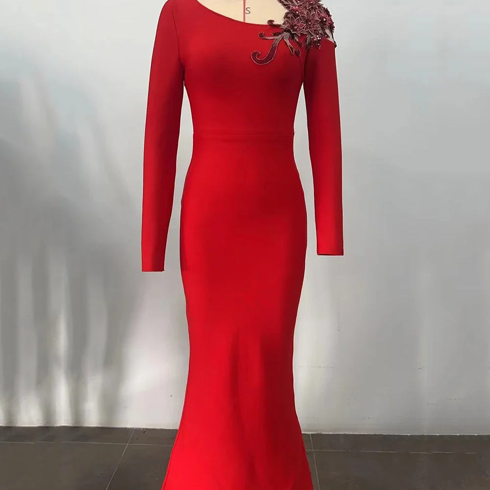 2024 Sexy Women Christmas Dress O-neck Long Sleeve Gauntlet Heavy duty sequin Flower Design Bodycon Backless Long Dress Vestidos