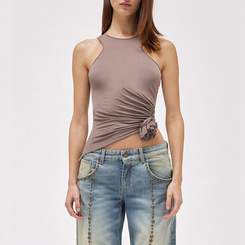 Romantic 3D rose pleated tank top fashionable and sexy y2k single side slim waist short section Top women 2024 summer new